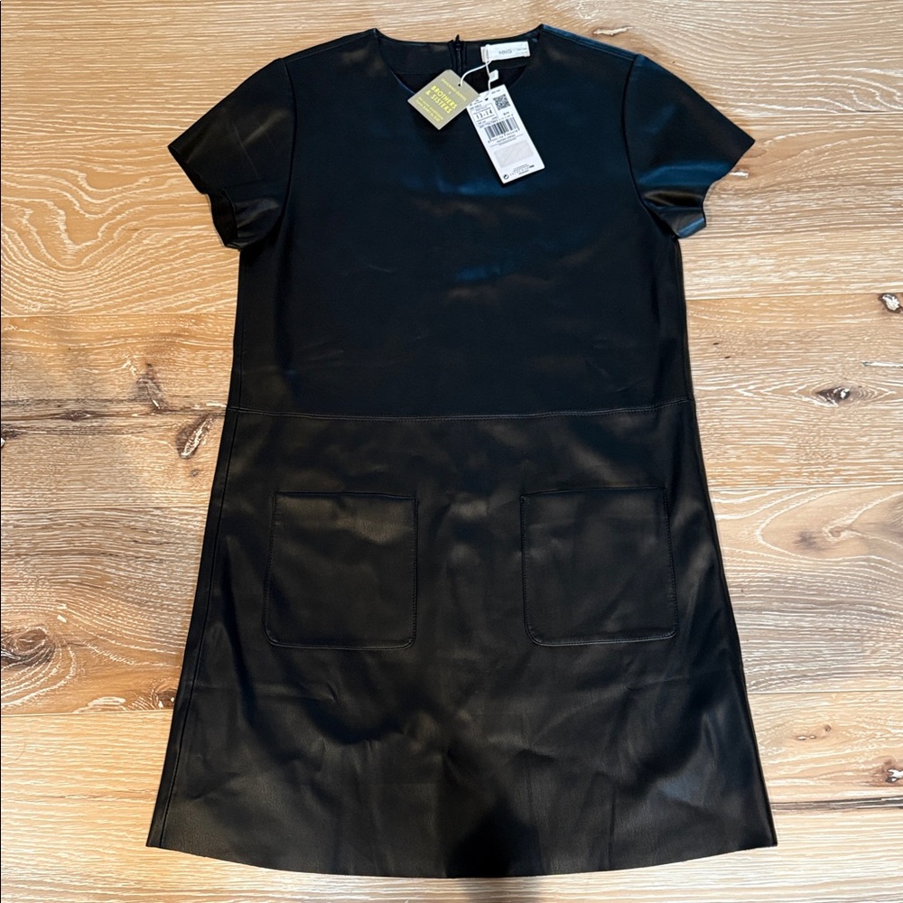 MNG kids Brand new w. Tags Elegant Black Short Sleeve Dress. Faux leather feel.